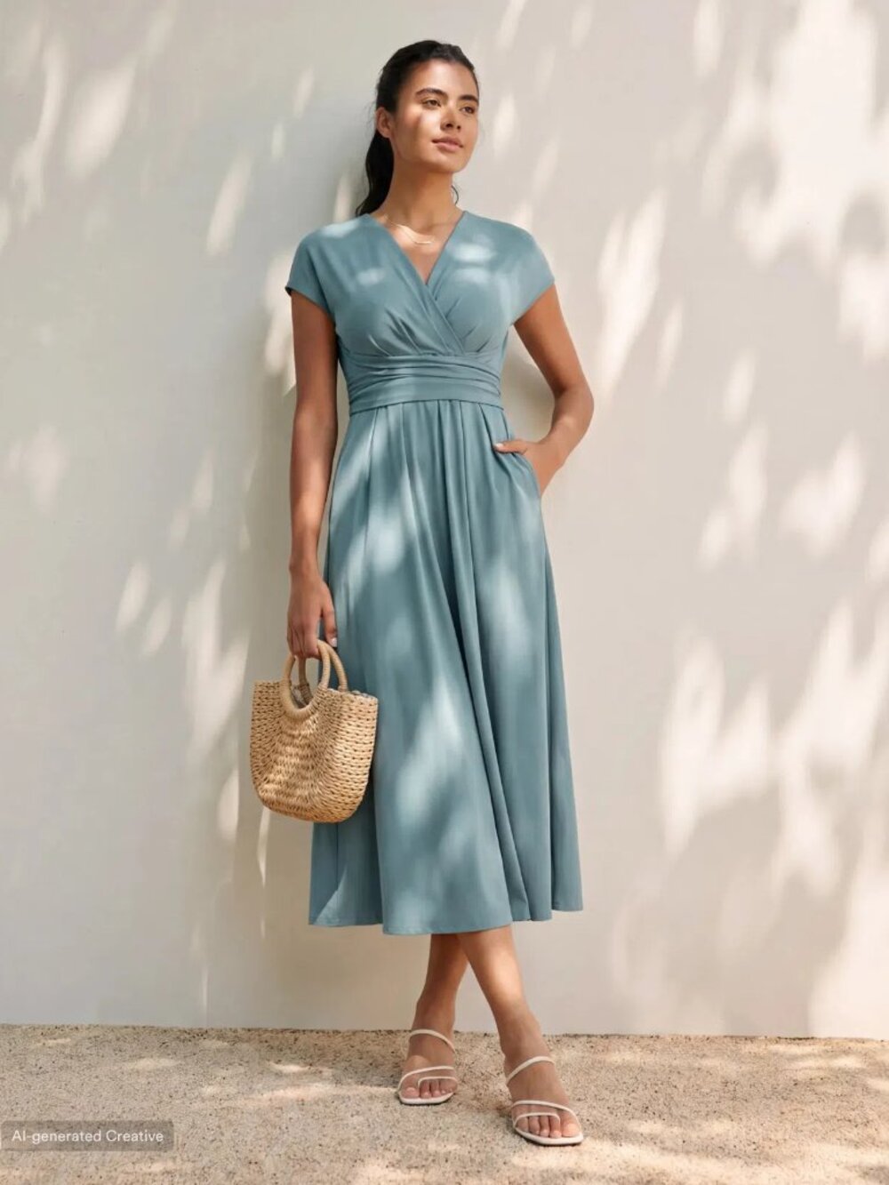Halara XS Stone Blue Breezeful V Neck Pocket Tie Back Midi Dress 50% off